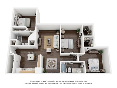 Floor plan for 3 beds, 2 baths, 1131 sqft